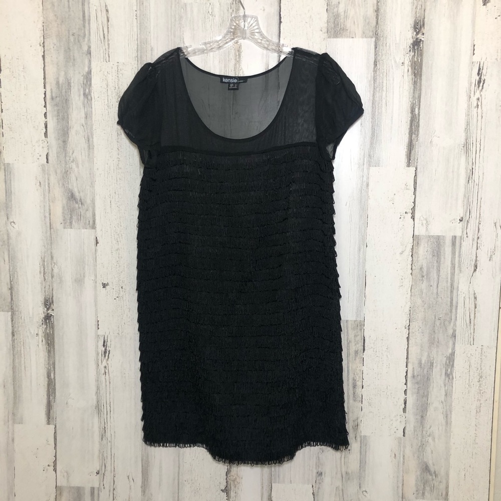 Kensie Black Layered Fringe Dress Size L NWOT